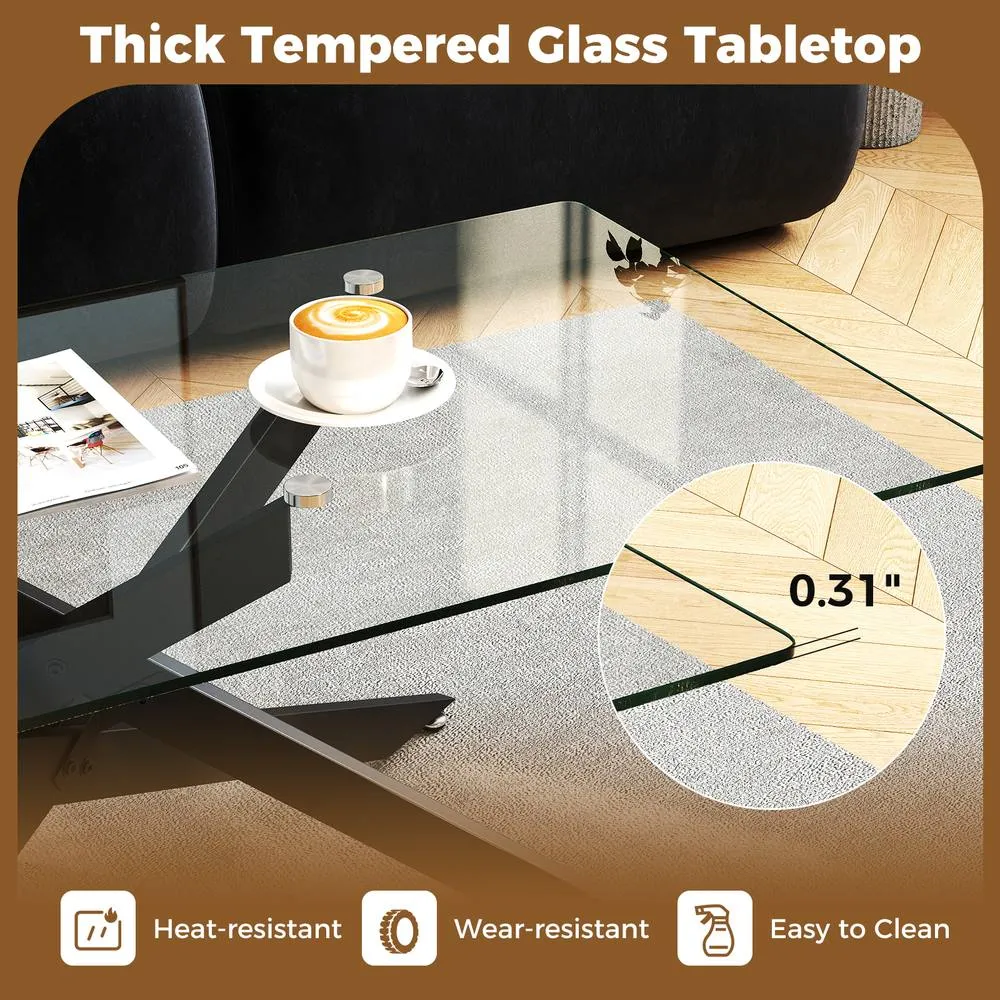 Costway Modern Glass Coffee Table Rectangle Center Cocktail Table Side Table in Black 4