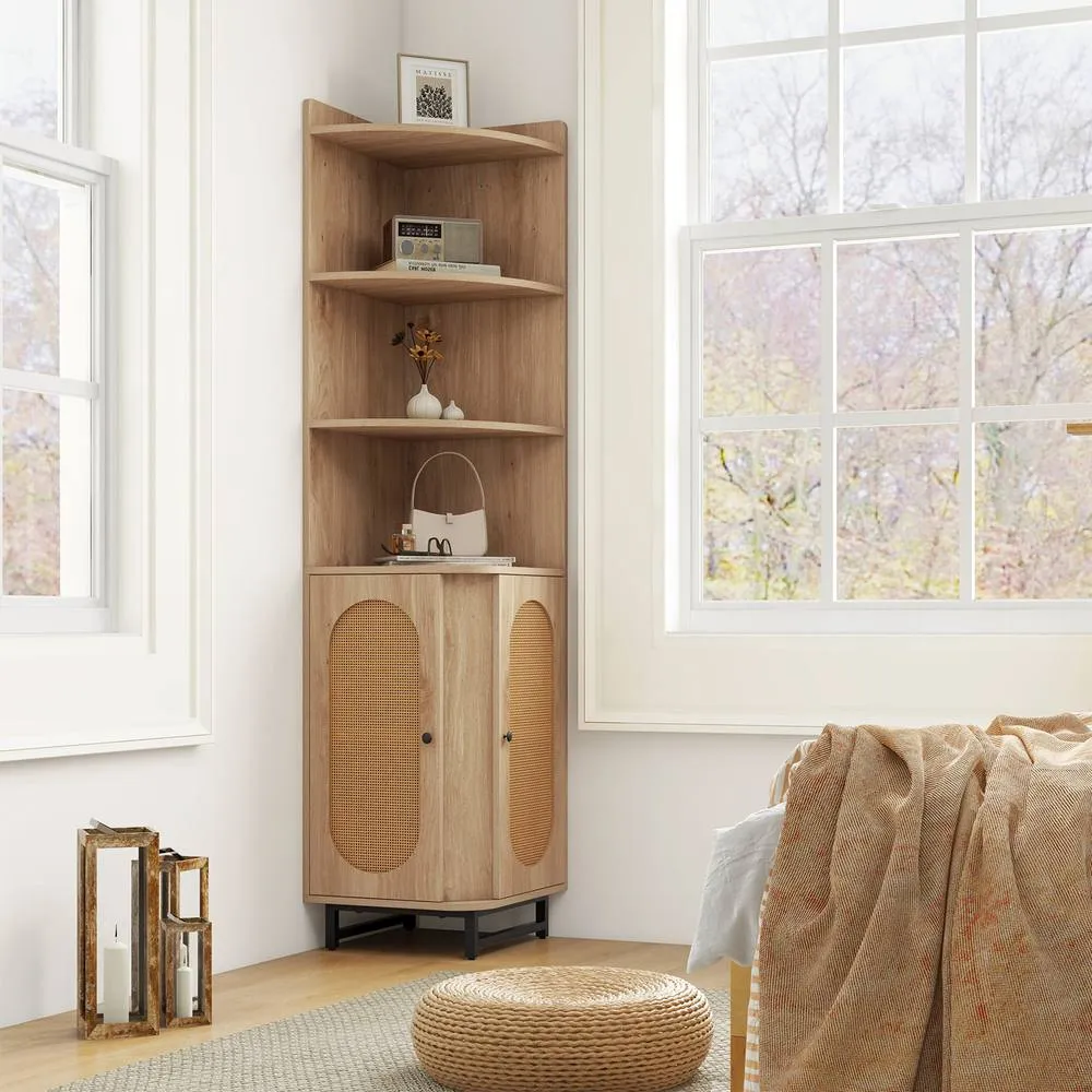 Costway PE Rattan Corner Cabinet 172 cm Tall Corner Bookcase with 2 Doors in Natural 3