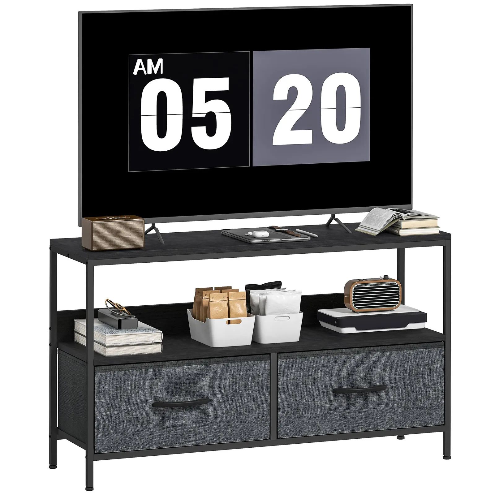 HOMCOM TV Cabinet, TV Console Unit with 2 Foldable Linen Drawers Black 2