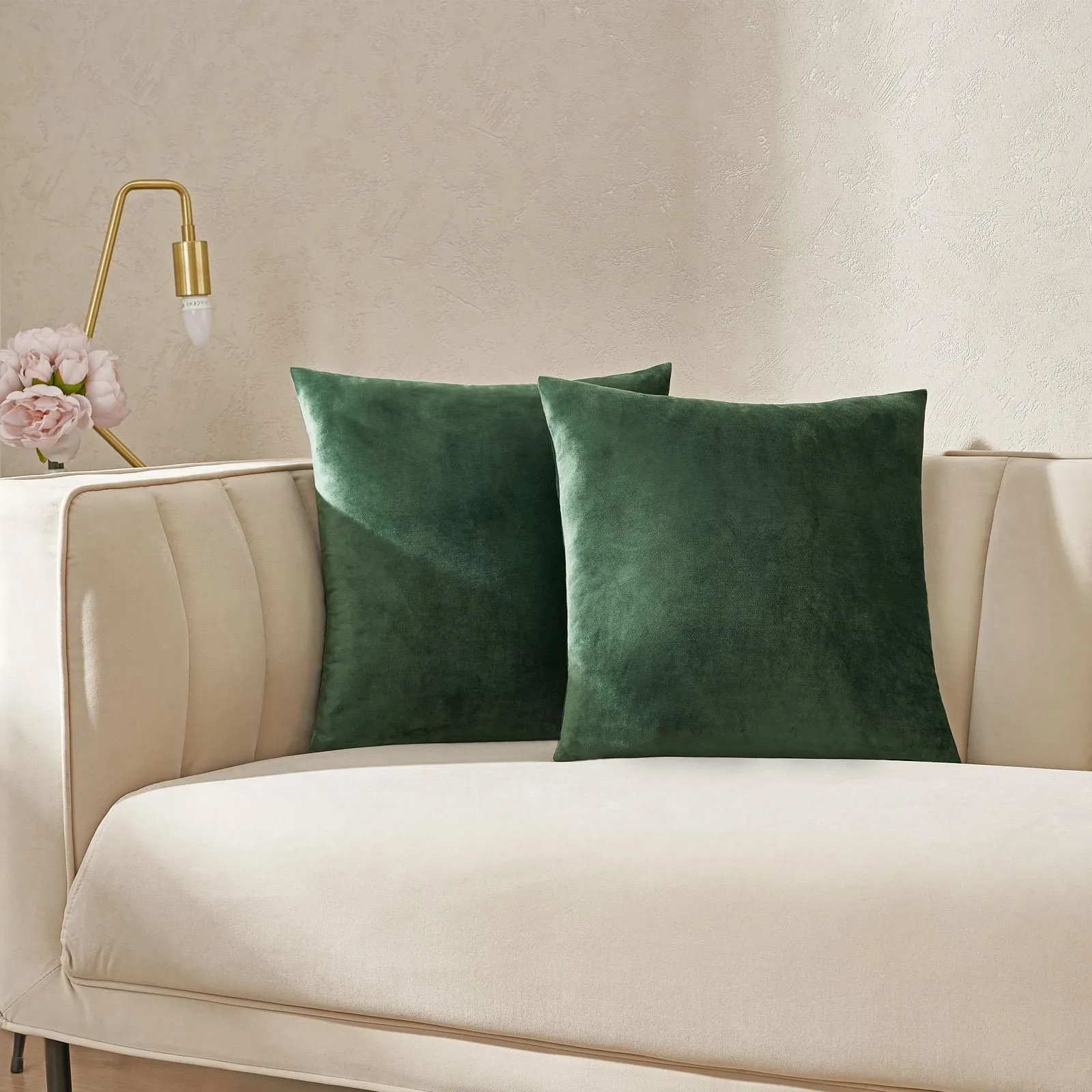 OHS 2 x Matte Velvet Cushion Covers Soft Plain Zip in Bottle Green