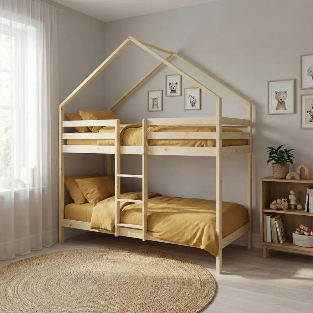 sweeek Children's bunk bed cabin natural pine 90 x 190 cm in Beige