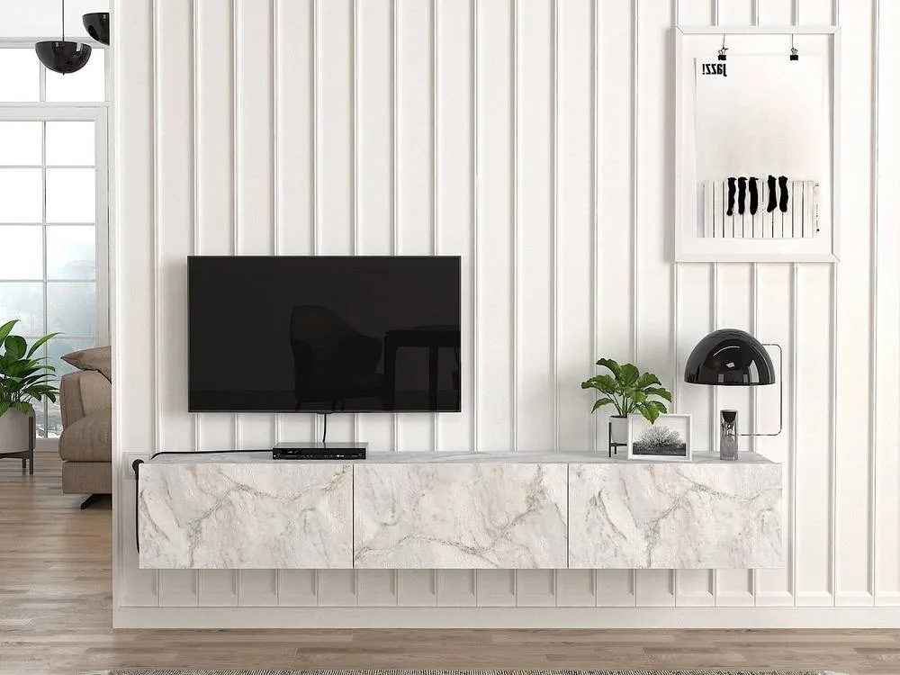 Vente-unique Wall - Mounted TV Unit With 3 Doors - White Marble Effect - VIKILA