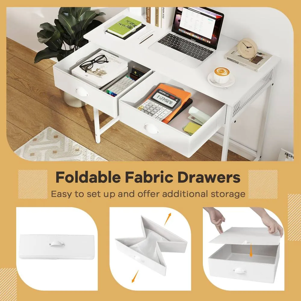 Costway Computer Desk Space Saving Home Office Desk w/2 Fabric Drawers-White in White 4