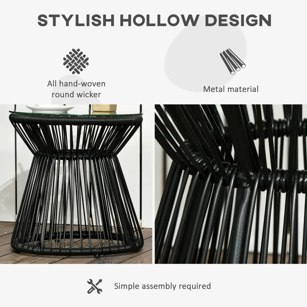 OUTSUNNY PE Rattan End Table, Round Side Table, Tempered Glass Top Coffee Table, Black 5