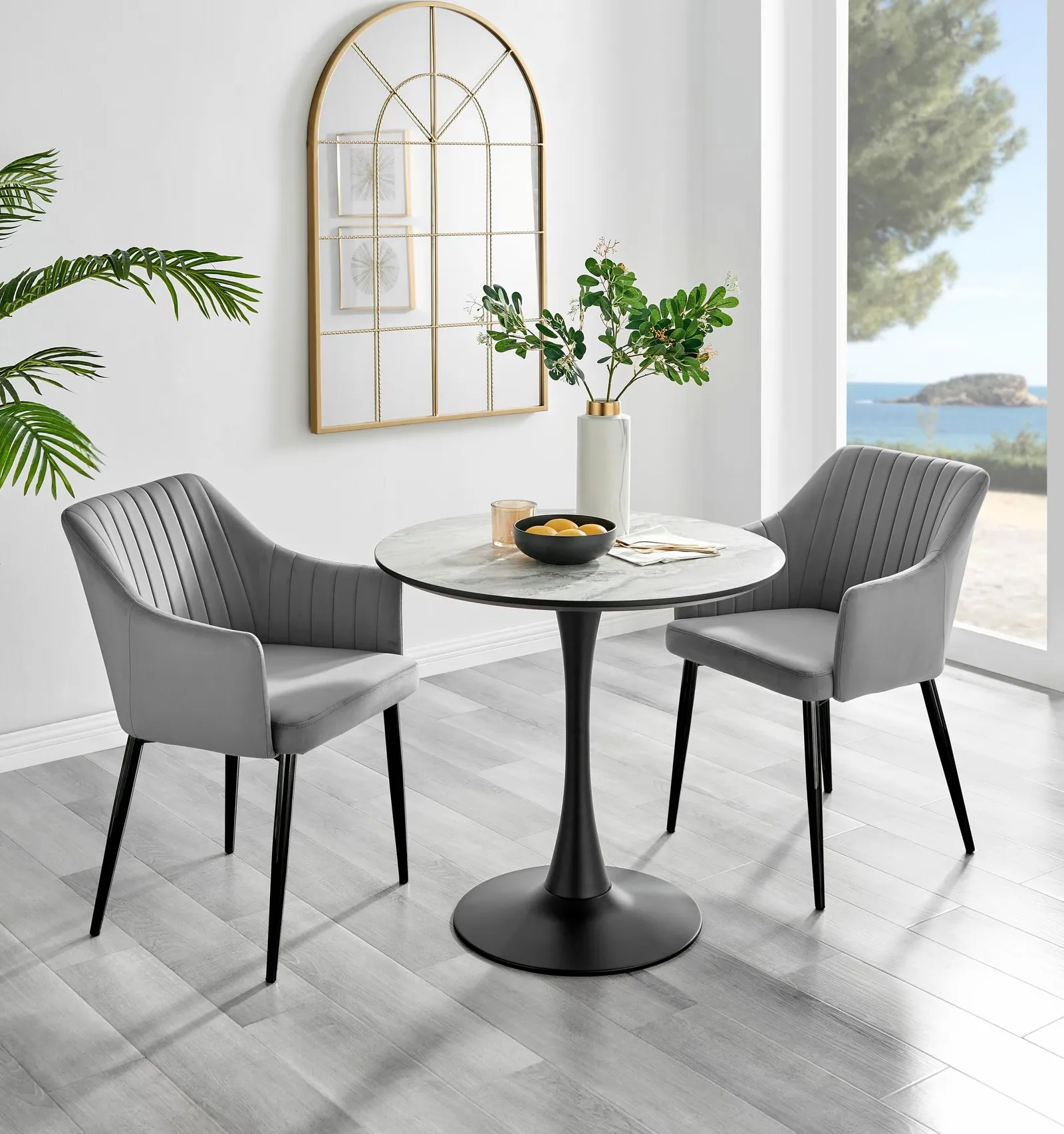 FurnitureboxUK Elina White Marble Effect Scratch Resistant Dining Table & 2 Calla Velvet Black Leg Chairs in Grey