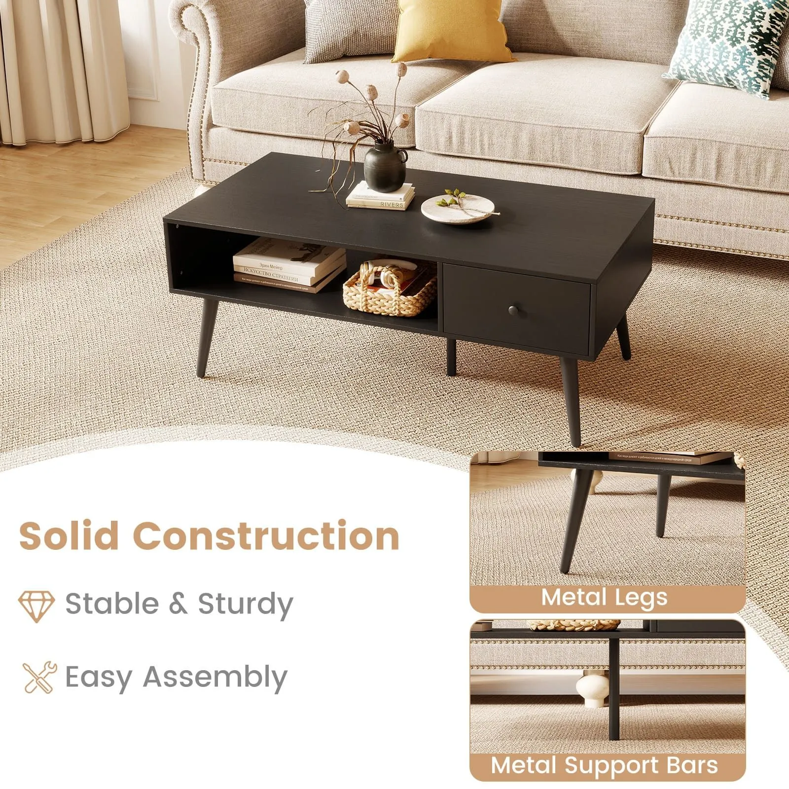 Costway 109 CM Rectangular Wooden TV Stand Entertainment Center w/Open Shelf in Black 3