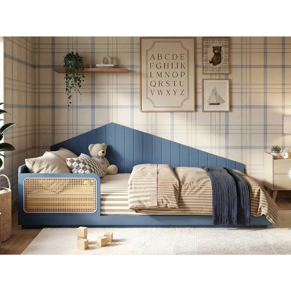 Flair Carter Small Double Montessori Bed with Rattan Panels Navy