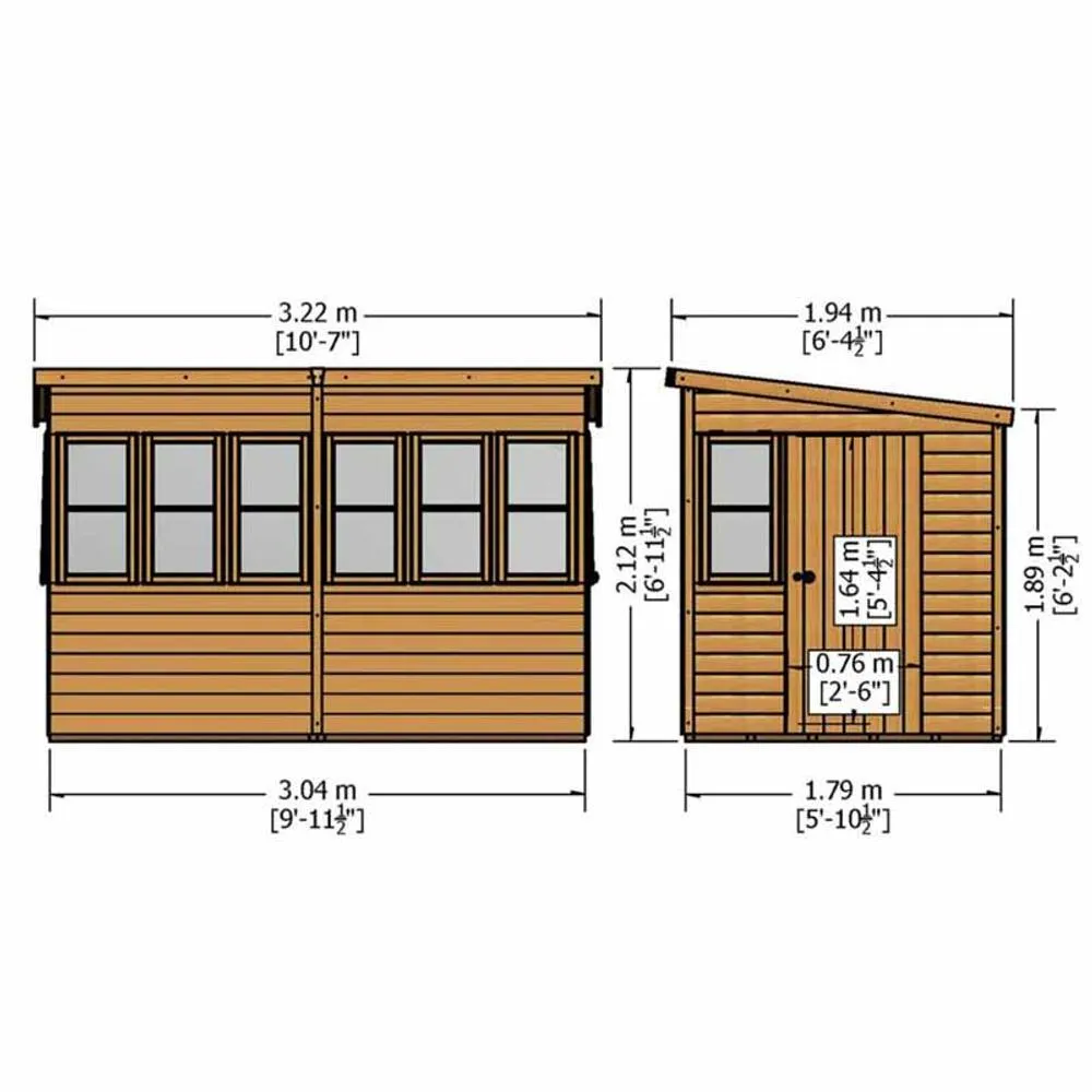 Shires Sun Pent 10x6' Single Door with 8 Windows Wooden Garden Potting Shed in Brown 5