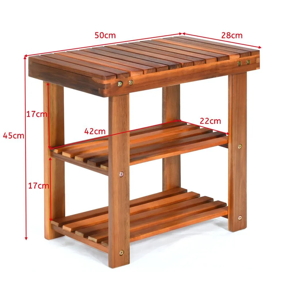 Costway Acacia Wood Shoe Rack Bench 3-Tier Shoe Organizer 50x28x45cm in Brown 2