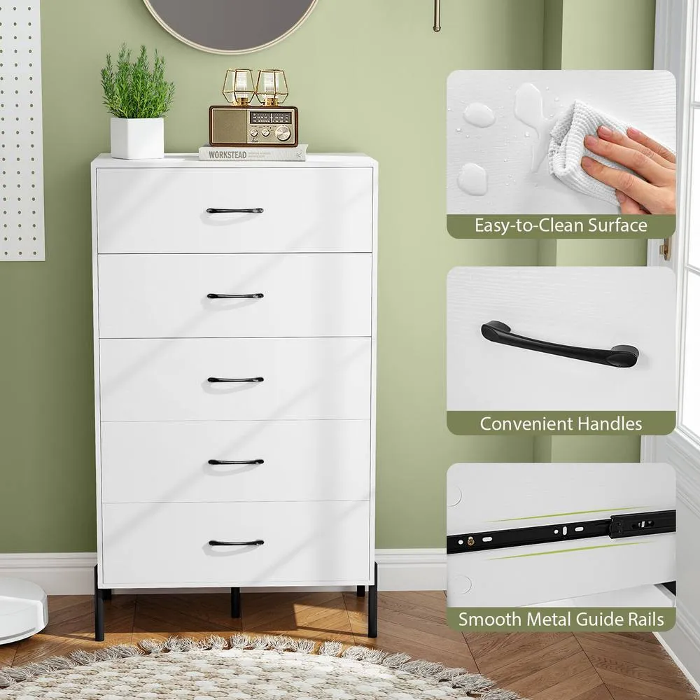 Costway 5-Drawer Dresser Modern Tall Chest of Drawers with Metal Legs-White in White