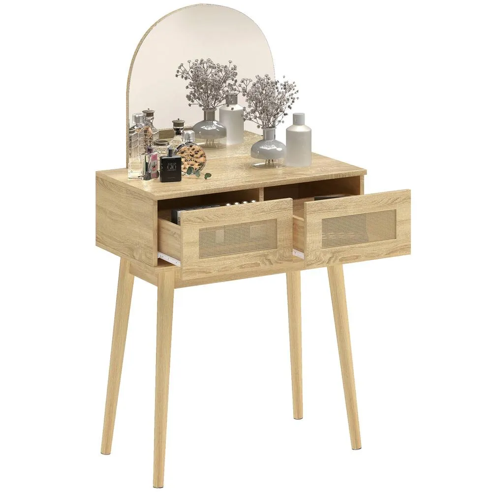 HOMCOM Dressing Table, Vanity Desk w/ Mirror, 2 Drawers, Natural Wood Finish 2