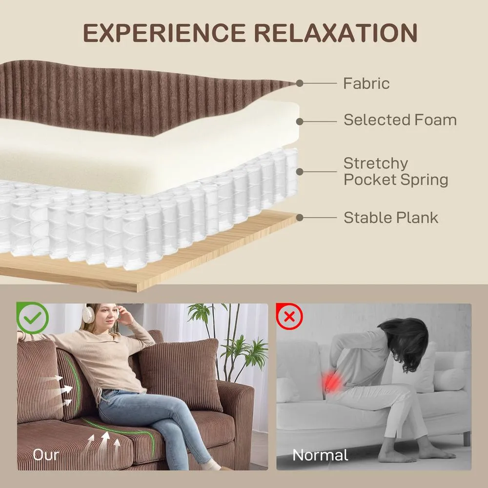 HOMCOM 212 cm Upholstered Jumbo Cord Sofa Couch with Spring Cushion, Coffee in Brown 5