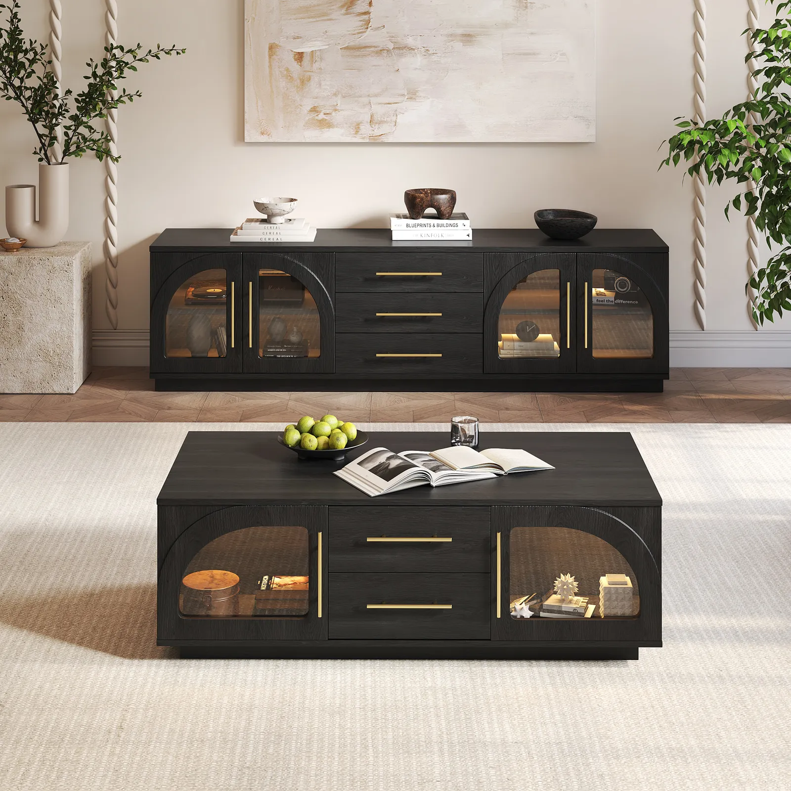 Arune 1829 mm Mid Century Modern Black TV Stand Coffee Table Set with LED Lights and Arched Glass Cabinet Doors