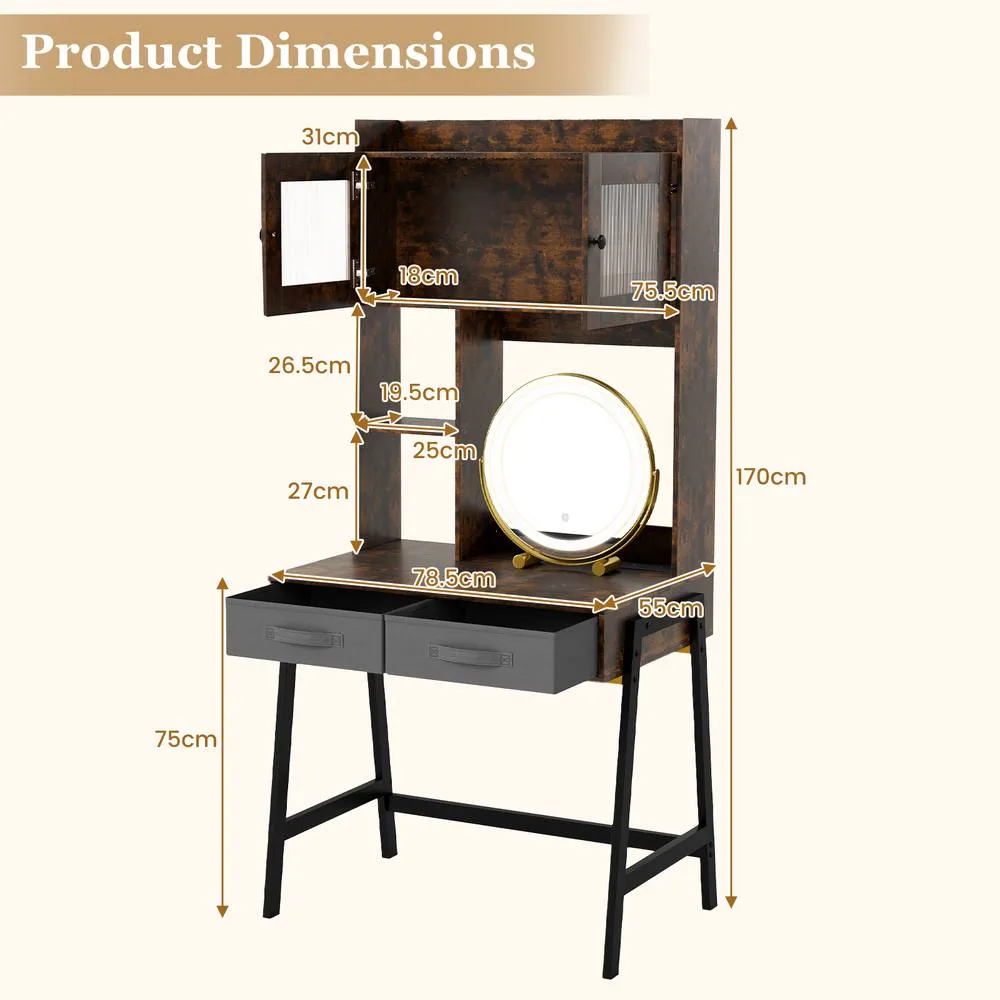 Costway Makeup Vanity Desk w/Mirror & Lights Dressing Table w/Charging Station in Brown 3