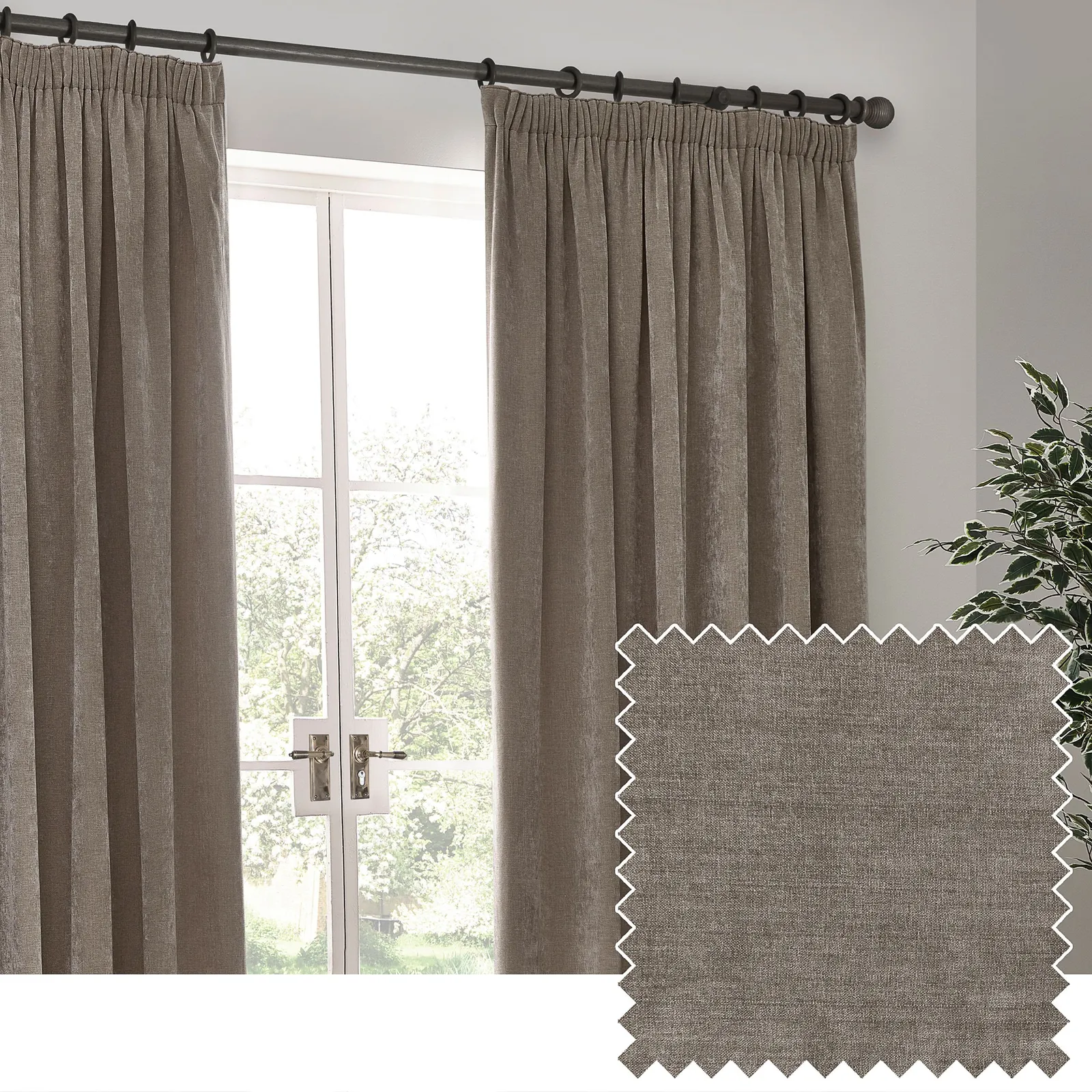 Yard Heavy Chenille Velvet Room Darkening Pencil Pleat Curtain Pair in Taupe 1