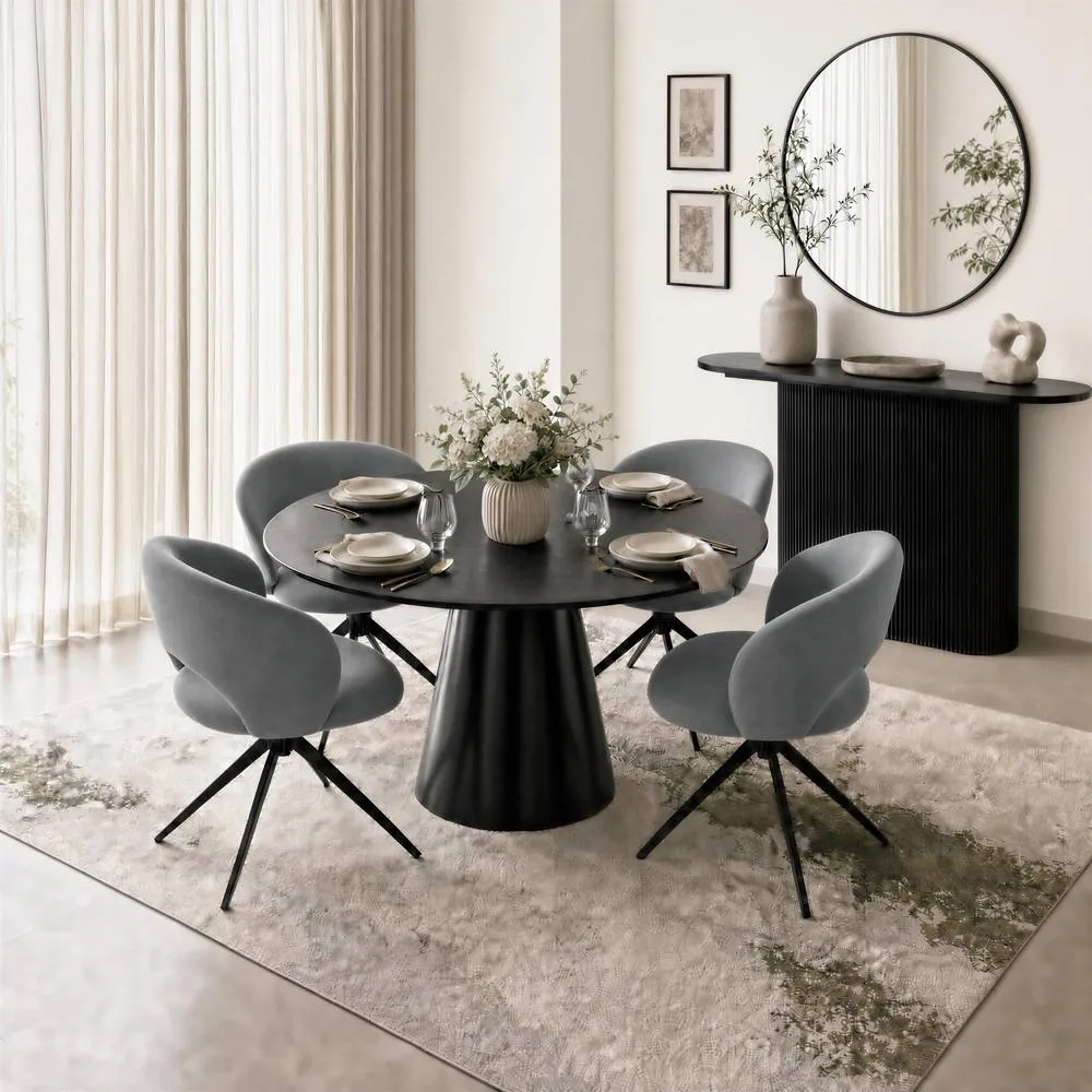 FurnitureboxUK Palma Round Black Semi Gloss Dining Table 4 Anika Swivel Chairs in Grey 1
