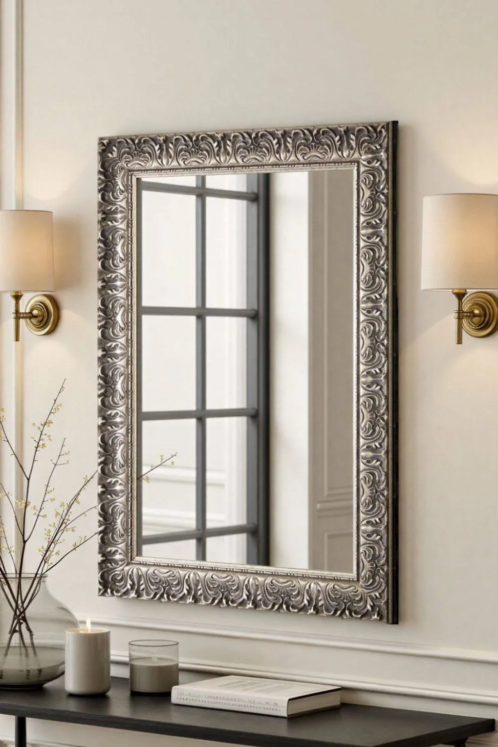 Yearn Mirrors Carved Framed Bevelled Mirror Silver 102.5x74.5cm