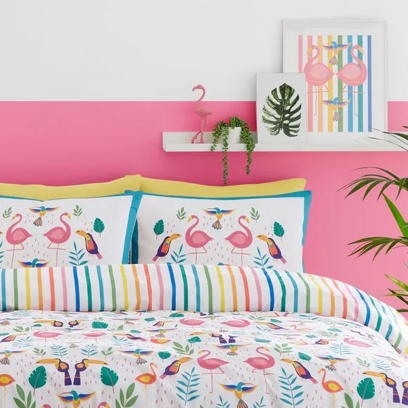 Fusion Tropical Flamingo Reversible Duvet Cover and Pillowcase Set 2
