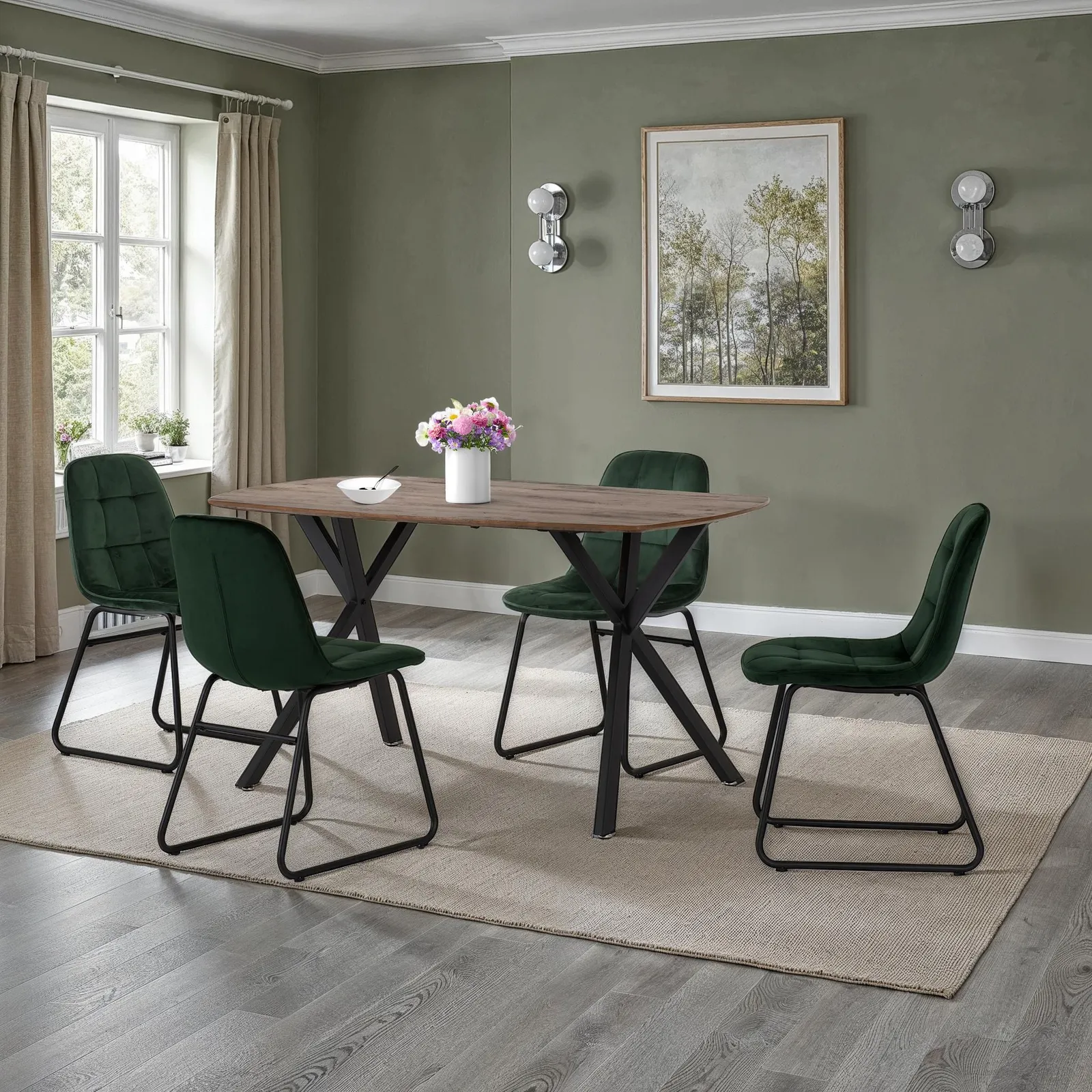 Seconique Athens Medium Oak Rectangular Dining Set with Lukas Chairs in Green 1
