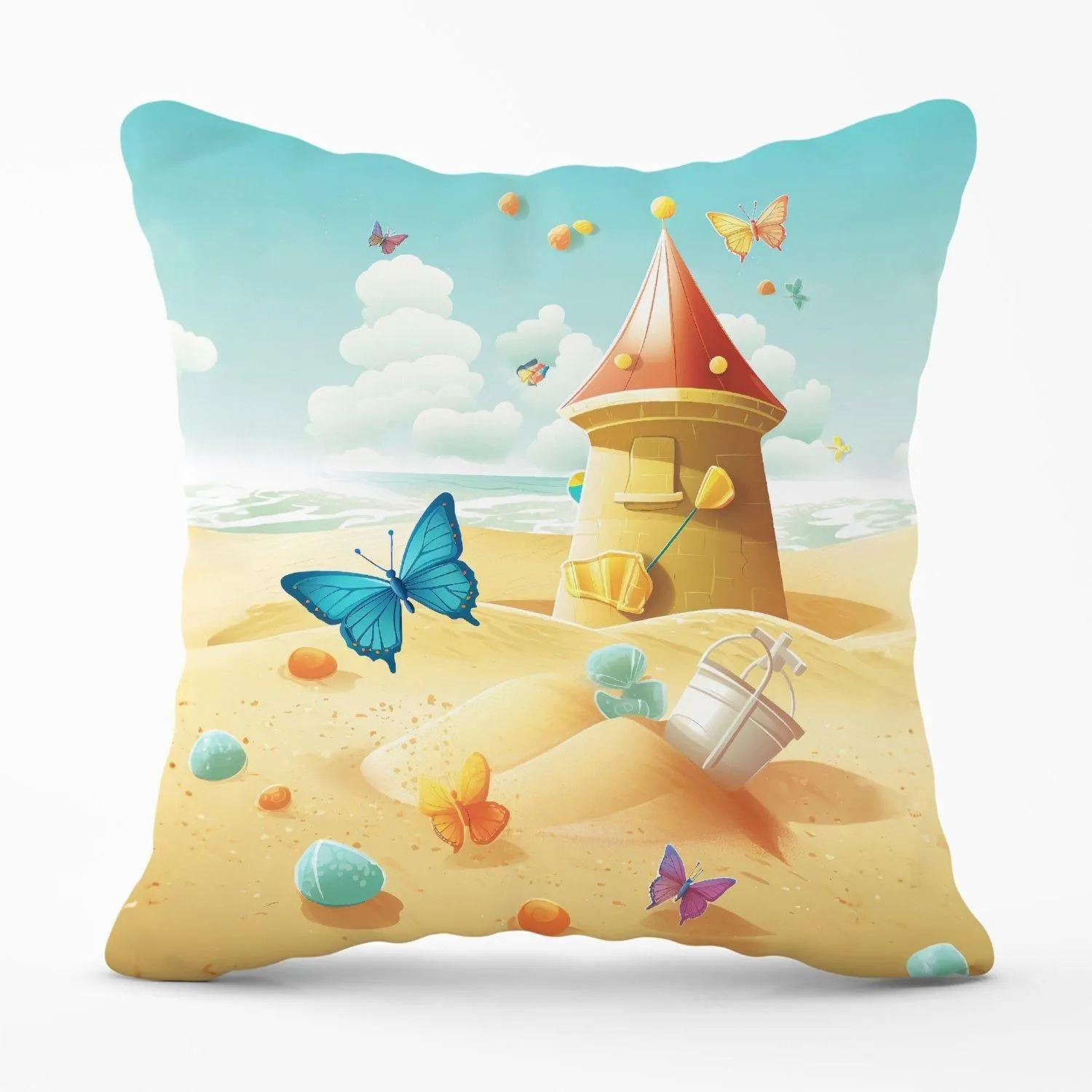 Warren Reed - Designer Butterflies On A Beach Holiday Outdoor Cushion in Yellow