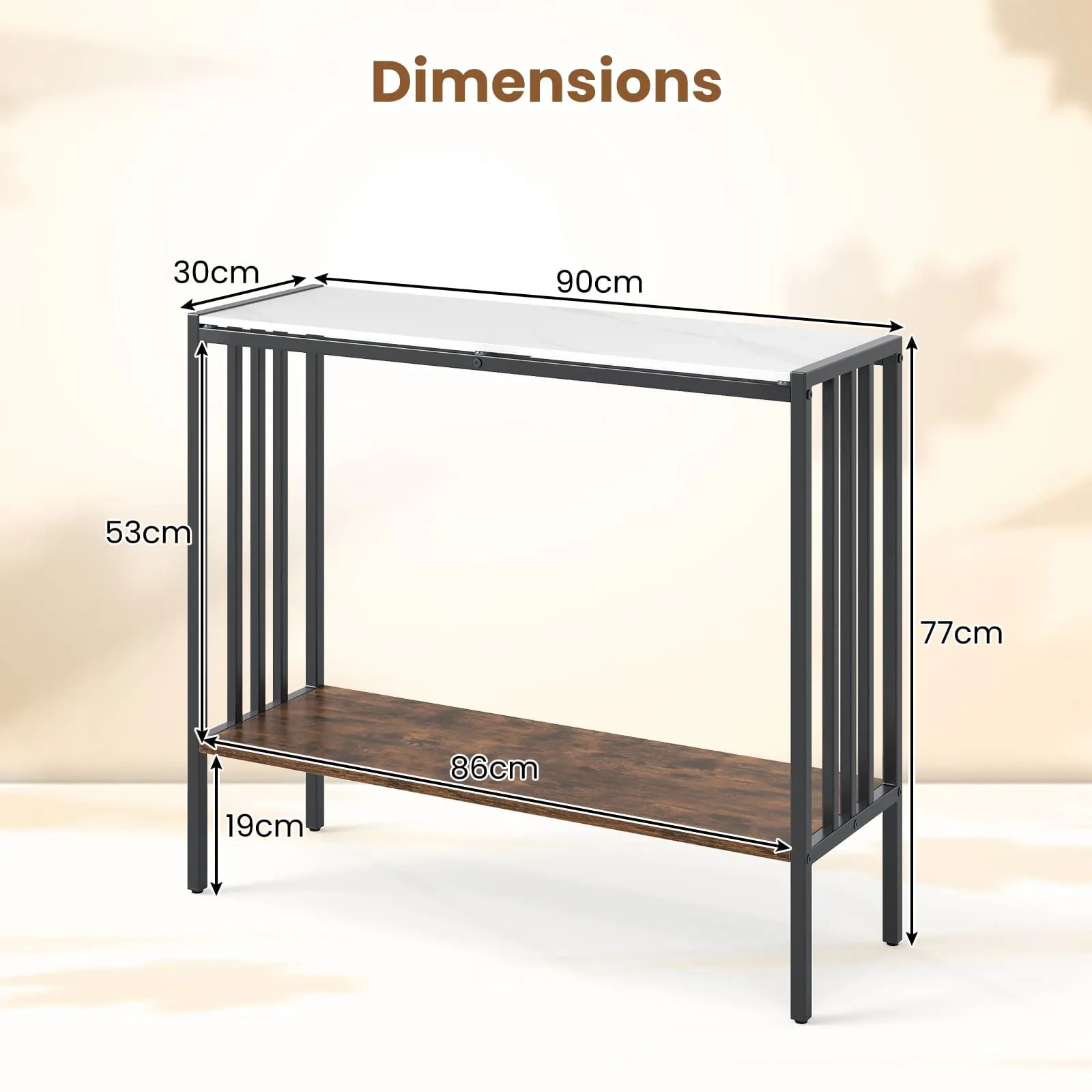 Costway 90 CM Console Table 2-Tier Industrial Foyer Table with Open Shelf in White 2
