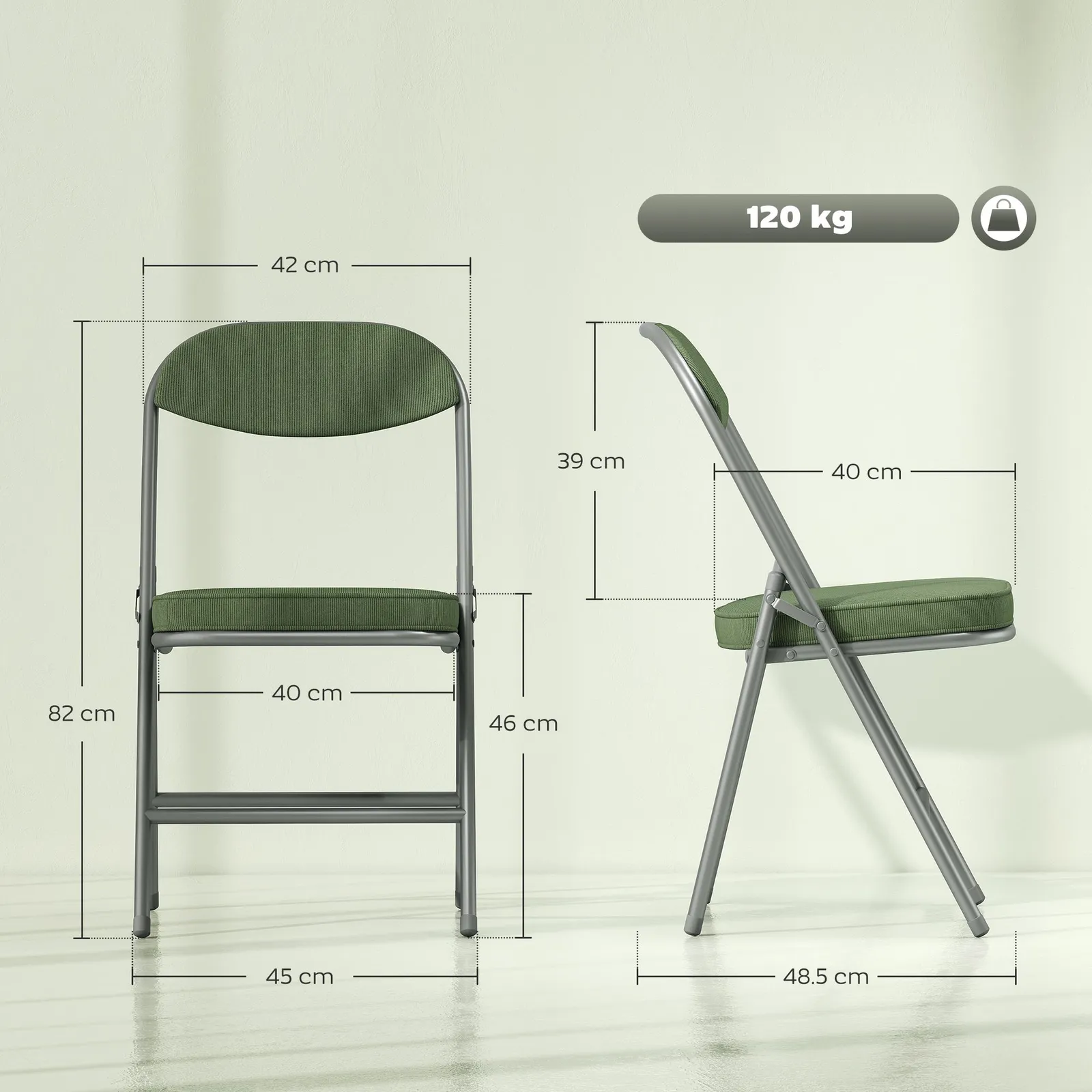 HOMCOM Folding Chairs Set of 4 with Cushioned Seat, Steel Frame in Green 3