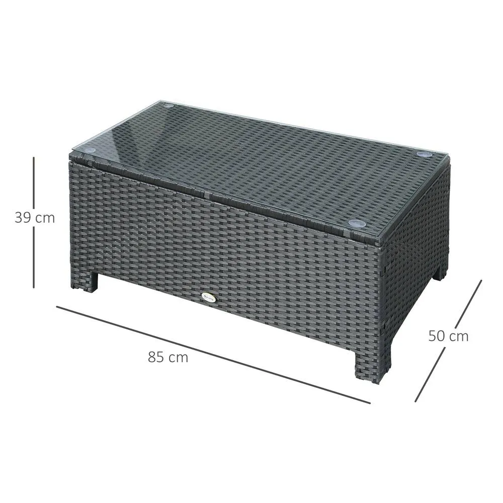 OUTSUNNY Garden Rattan Side Table, Wicker Coffee Desk, Glass Top in Black 3