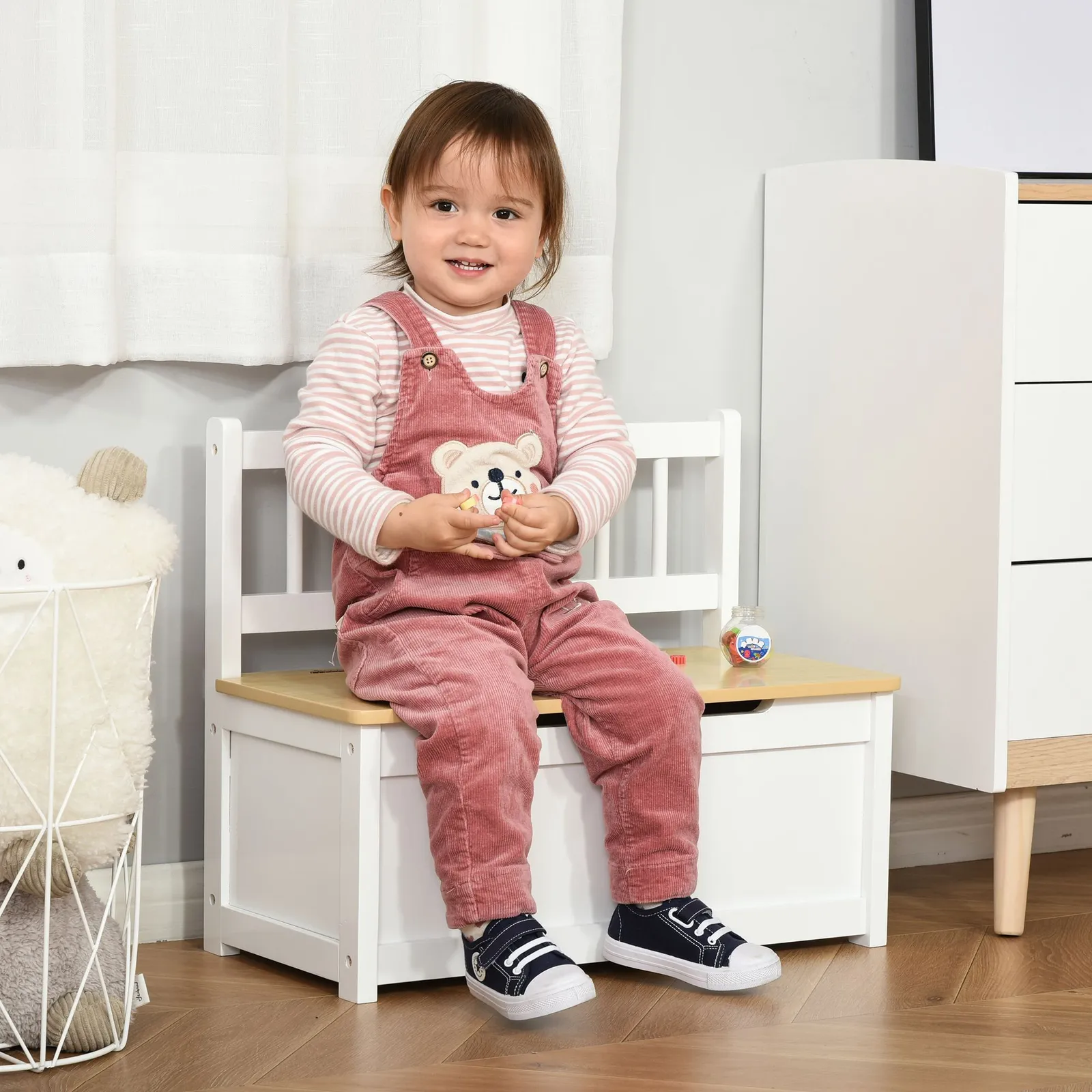 HOMCOM 2 In 1 Wooden Toy Box, Seat Bench Storage Chest w/ Pneumatic Rod in White
