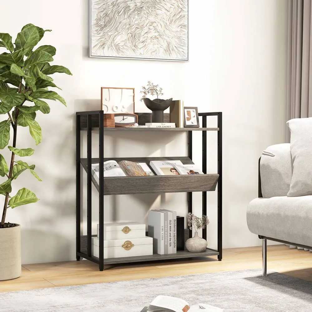 Costway 3-Tier Bookshelf Industrial Corner Bookcase w/ Adjustable Shelves in Grey 5
