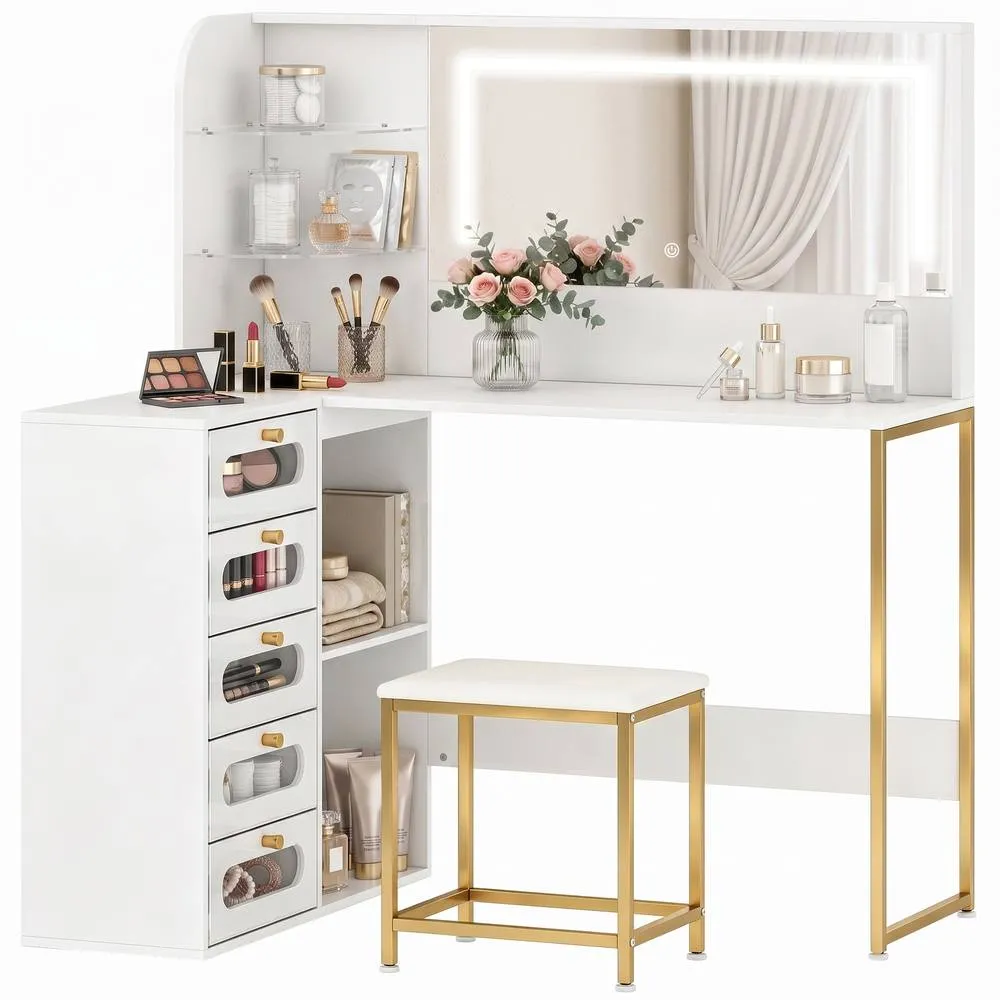 HOMCOM Dressing Table with LED Mirror & Stool, Drawers, Vanity Desk, White 2