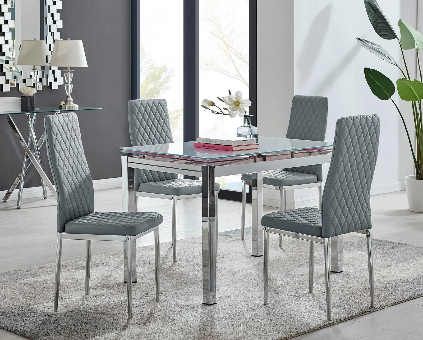 FurnitureboxUK Enna White Glass Extending 4-6 Seater Dining Table & 4 Milan Faux Leather Chairs in Grey 1