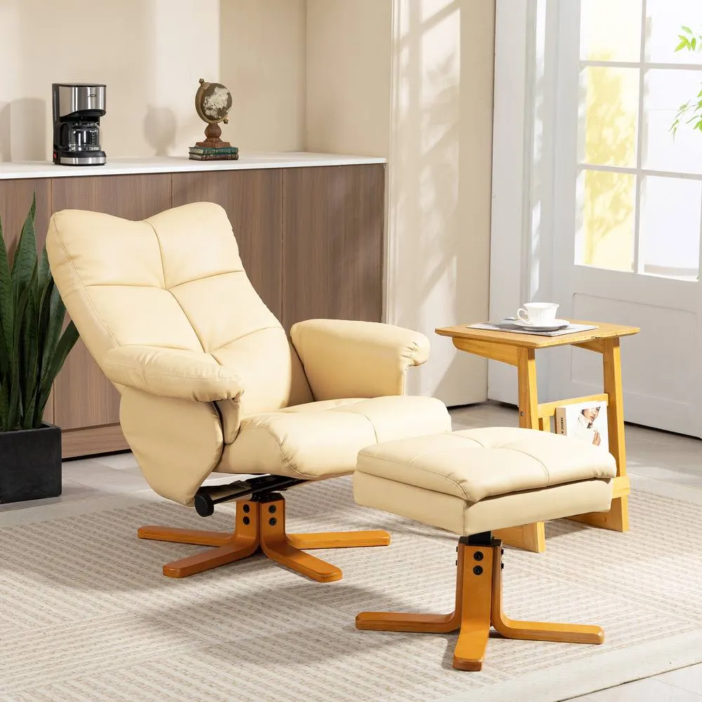 HOMCOM Recliner Chair & Footstool PU Leather Wooden Base, Beige
