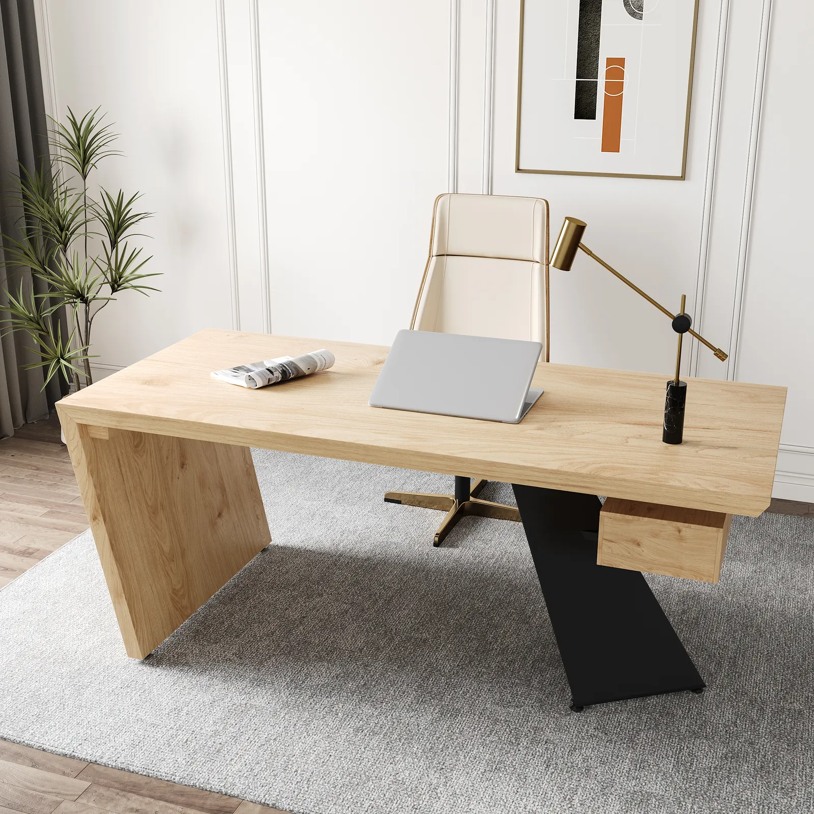 Industrial Natural Wooden Writing Desk & Leather Office Chair Set (1600mm)