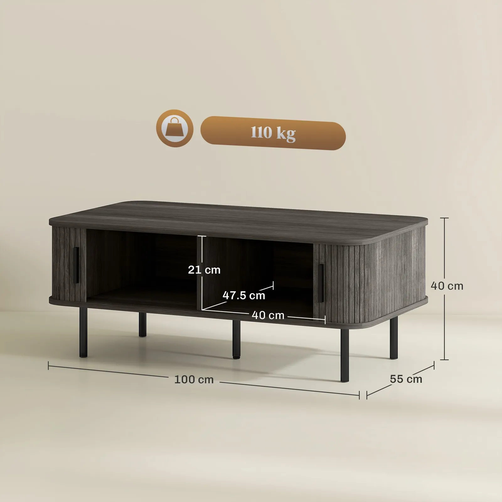 HOMCOM Coffee Table with Storage & Sliding Doors for Living Room in Grey 3