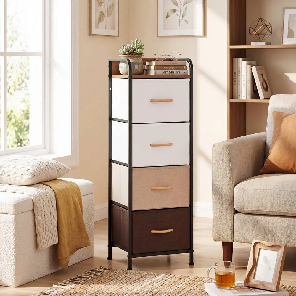Costway 4-Drawer Dresser for Bedroom Narrow Vertical Storage Organizer With Fabric Bins in Brown 5