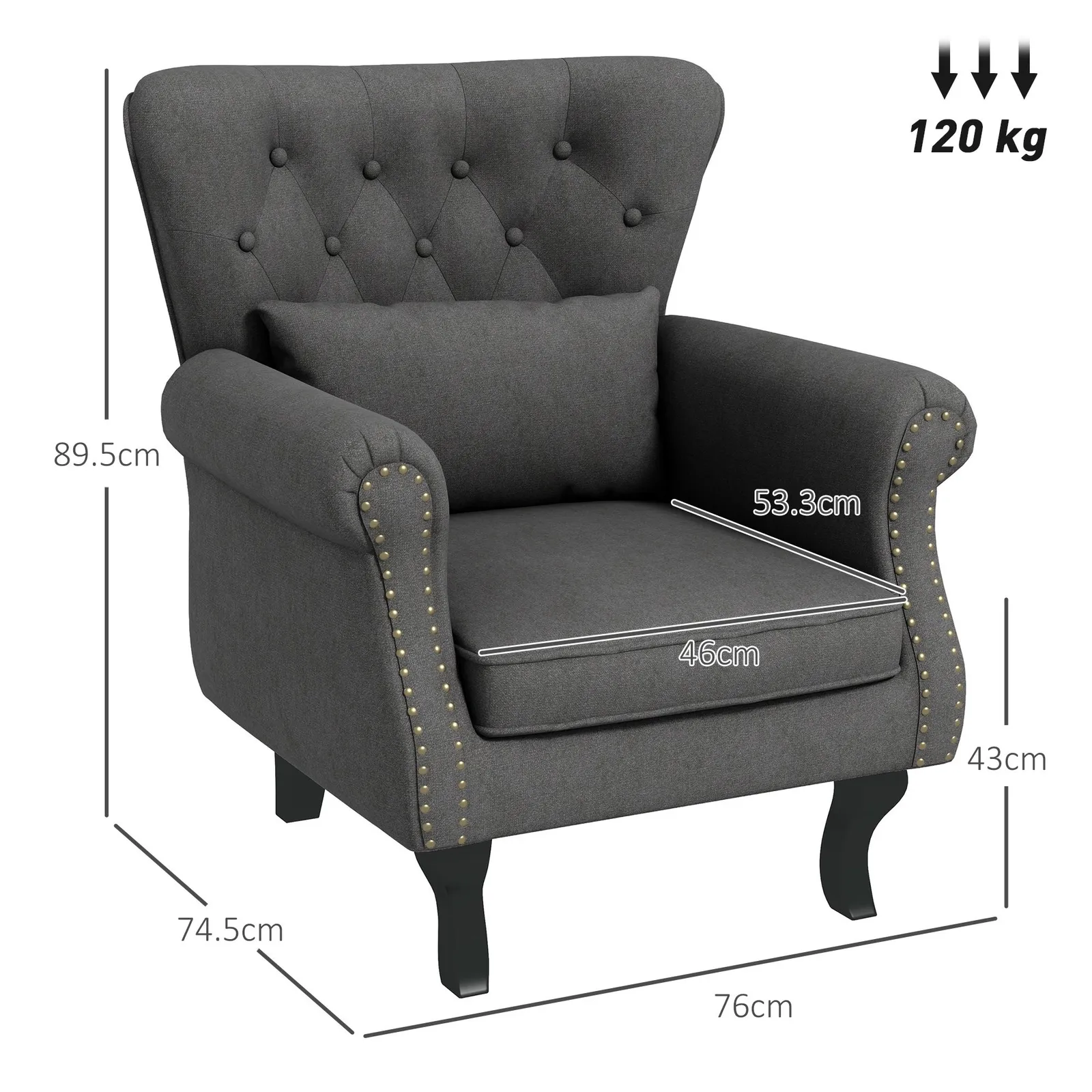 HOMCOM Chesterfield style Accent Chair Tufted Wingback Armchair with Pillow in Dark Grey 3