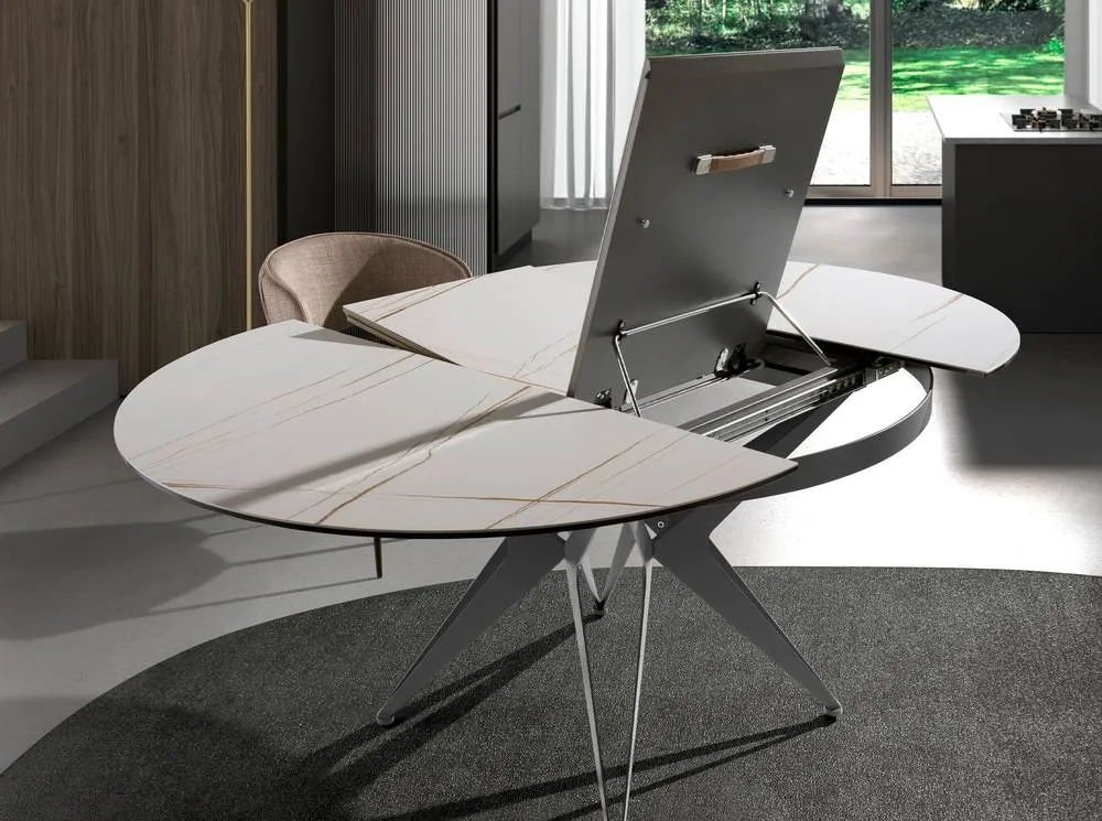 Angel Cerda Round Extendable Dining Table, Porcelain Marble Top in White 5