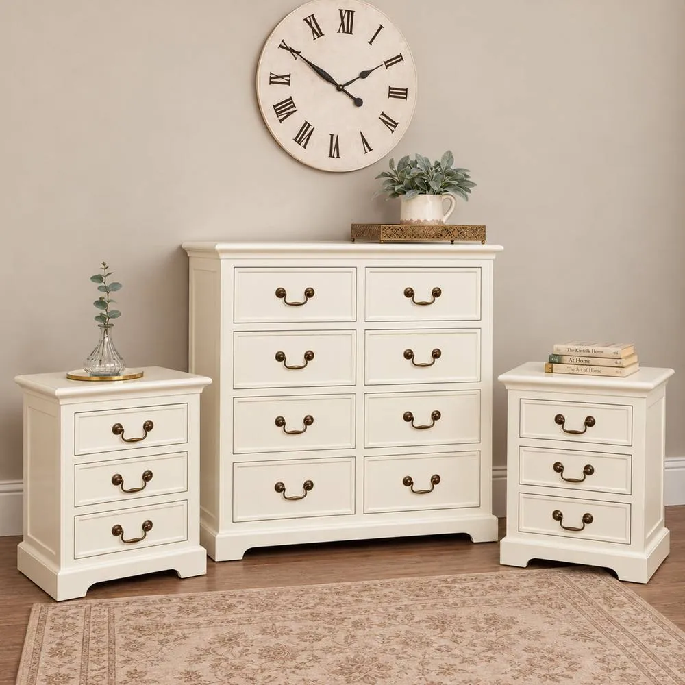 Melody Maison Chest of 8 Drawers & Pair of Bedside Tables - Charlotte Ivory Range