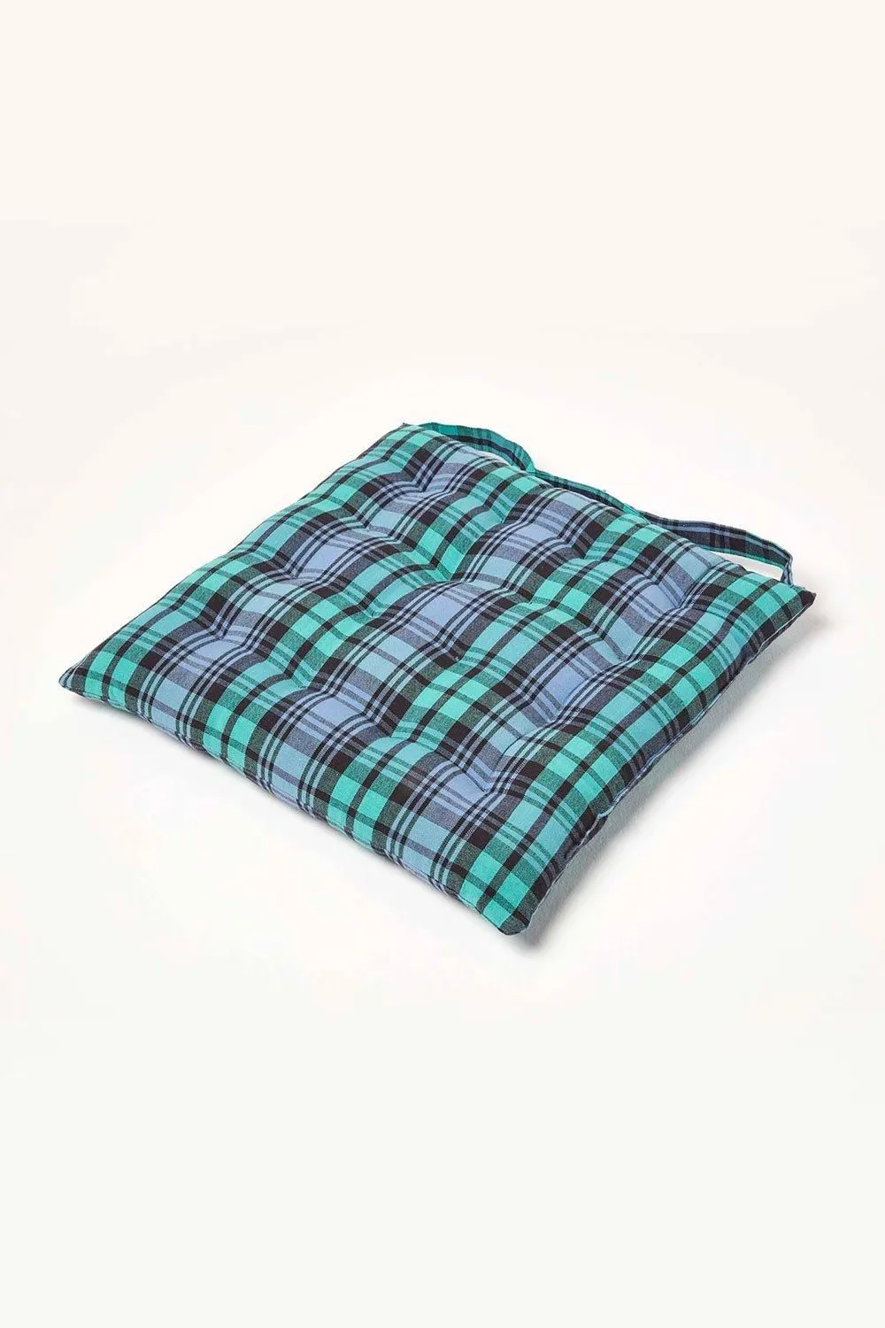 Homescapes Seat Pad Luxury Cotton Green Tartan Indoor Outdoor Garden Cushion, 40cm