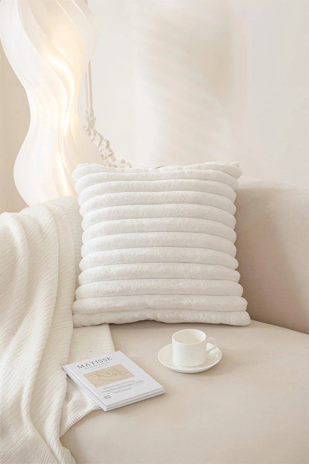 H&O Direct 45cm L x 45cm W Decorative Plush Sofa Throw Pillow with Striped Pillowcase, White