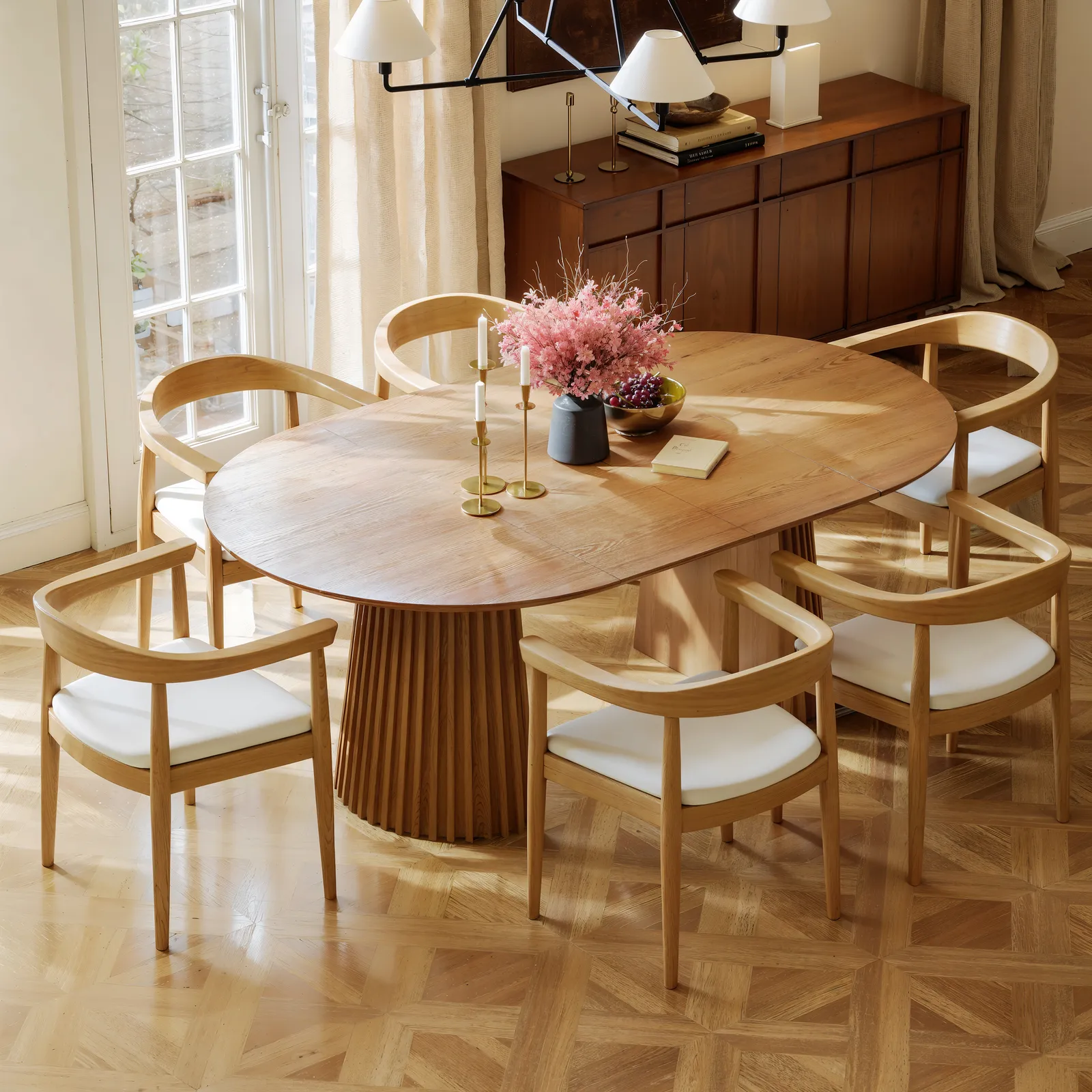 1200mm–2000mm Solid Wood Extendable Dining Table with 6 Chairs