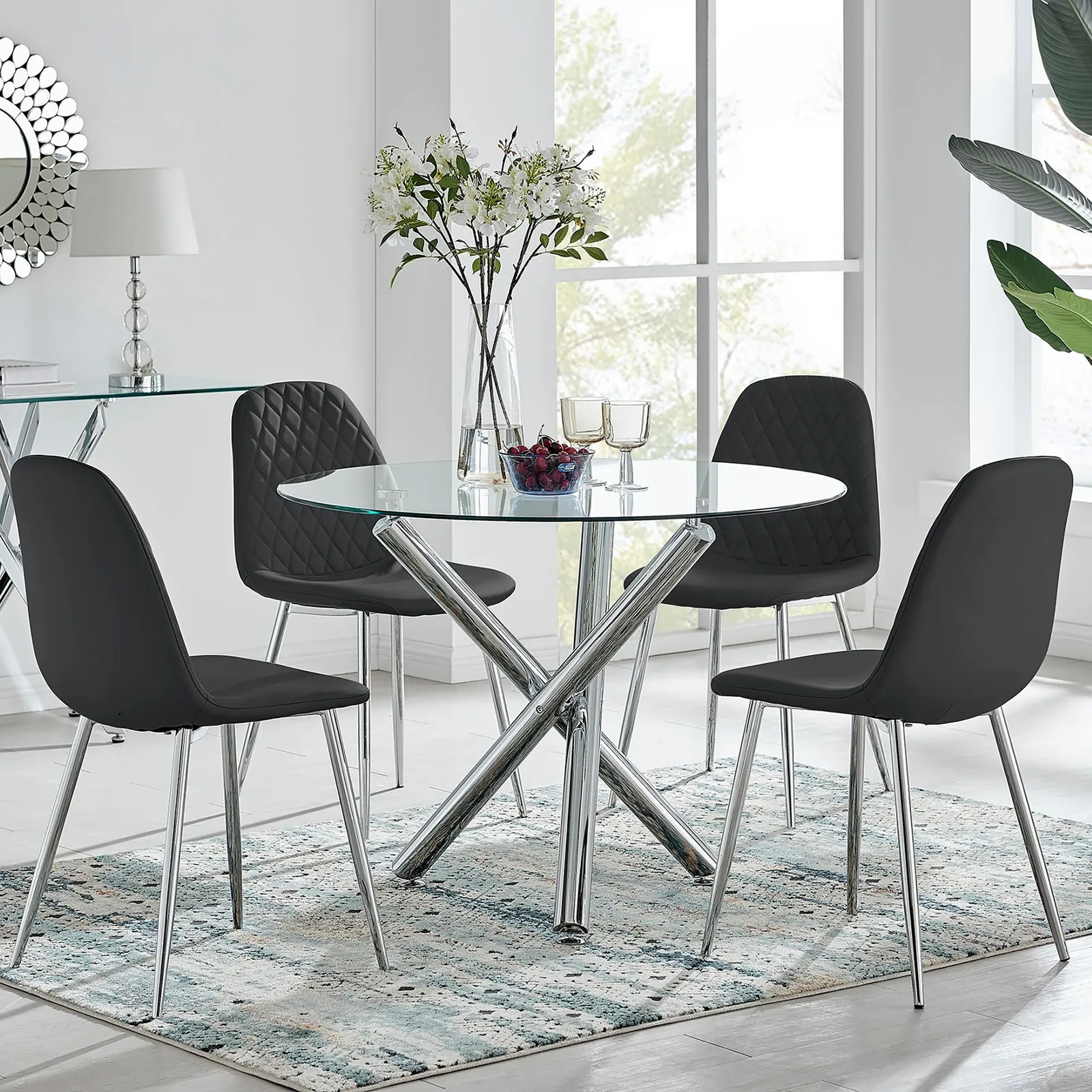 FurnitureboxUK Selina Round Glass Chrome Leg Dining Table & Corona Silver Leg Chairs in Black