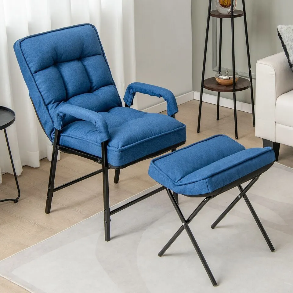 Costway Modern Accent Chair Linen Fabric Upholstered Single Sofa Chair w/Ottoman in Blue 3