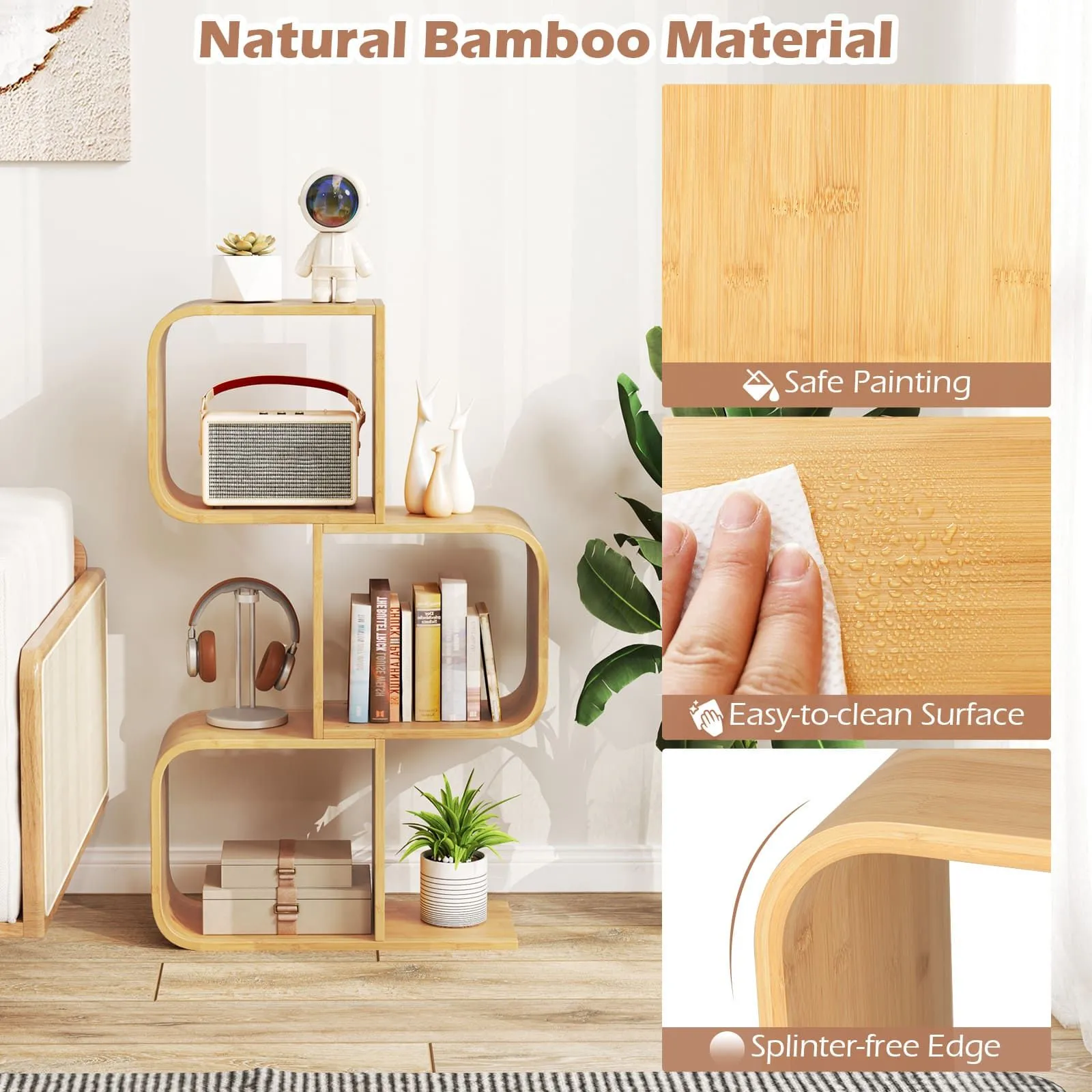 Costway 3-TierS-Shaped Bookcase, Bamboo Bookshelf w/3 Open Cubes in Natural 4
