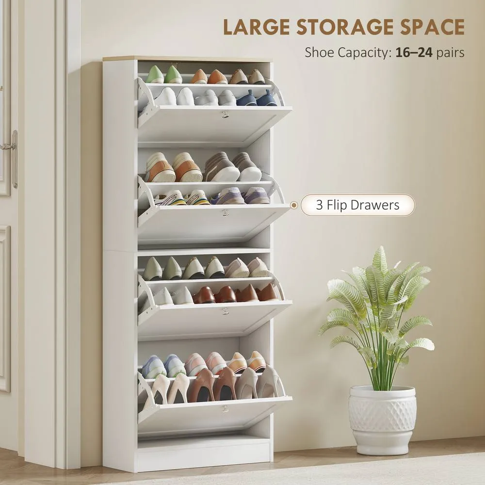 HOMCOM Narrow Shoe Cabinet with 4 Flip Drawers for 24 Pairs of Shoes White 4