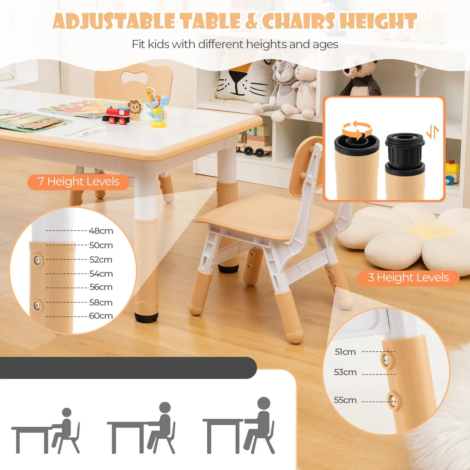 Costway Table & 4 Chairs Set Art Study Multi Activity Table with 4 Seats in Natural 5
