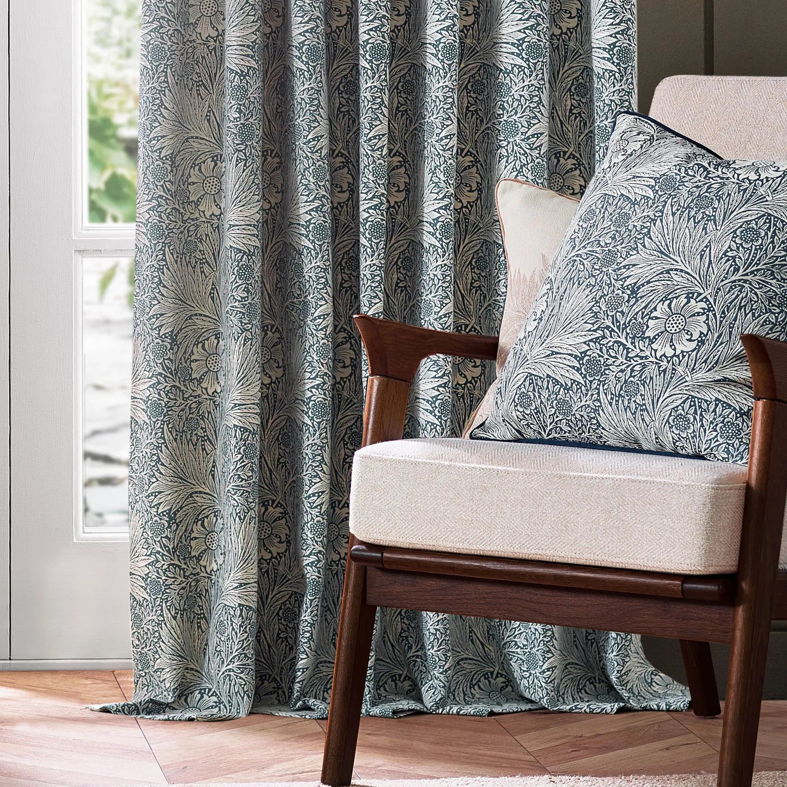 Morris & Co Marigold Jacquard Floral Room Darkening Pencil Pleat Curtains in Indigo 4