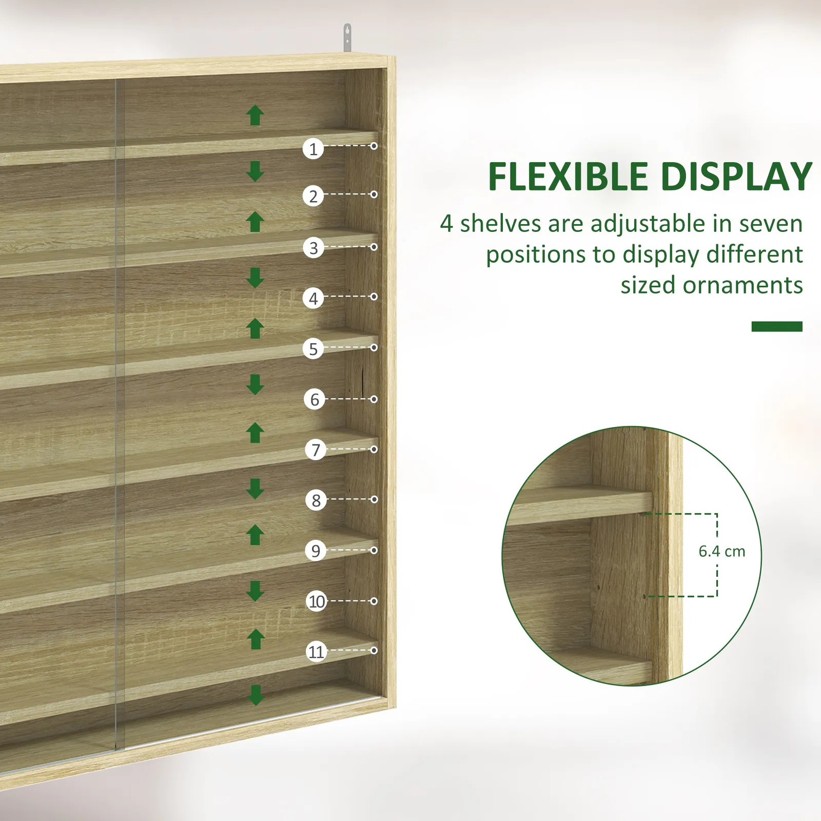 HOMCOM 7-Tier Wall Display Cabinet w/ Shelves Glass Doors in Light Brown 4