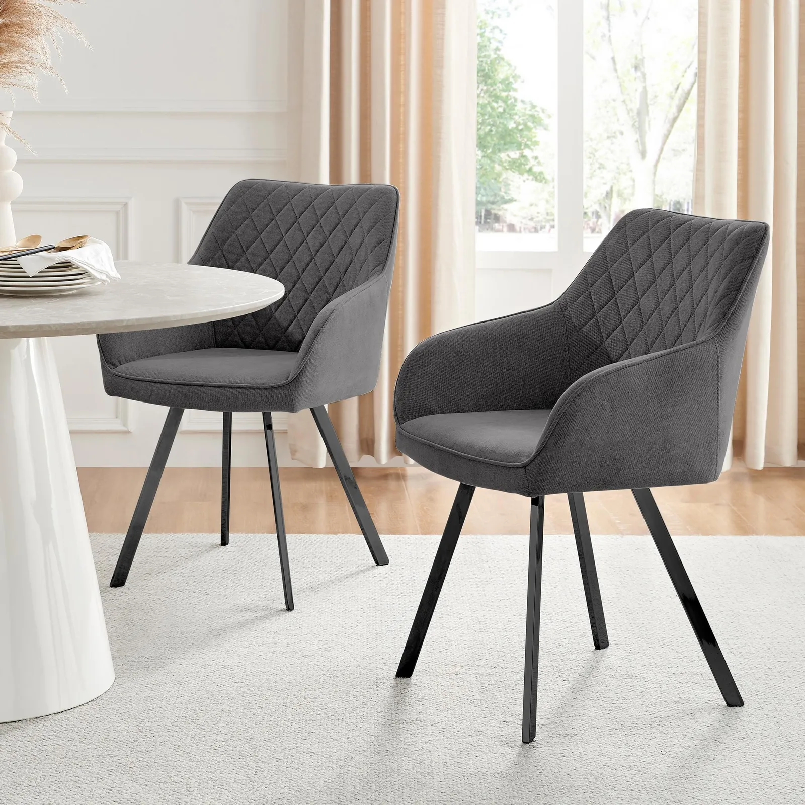 FurnitureboxUK Set of 2 Falun Deep Padded Dining Chairs Upholstered in Soft & Durable Fabric With Black Legs in Dark Grey