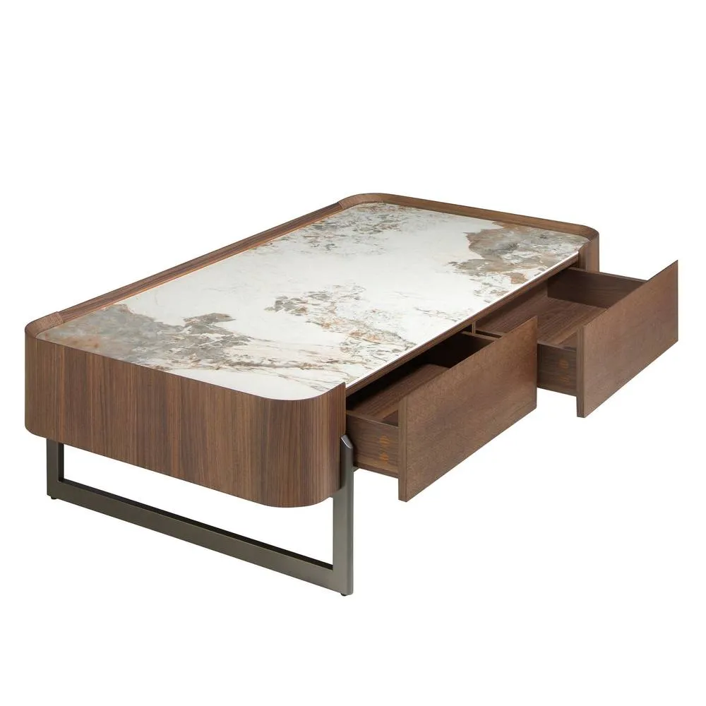 Angel Cerda Rectangular Coffee Table Porcelain Marble Top Walnut in Brown 6
